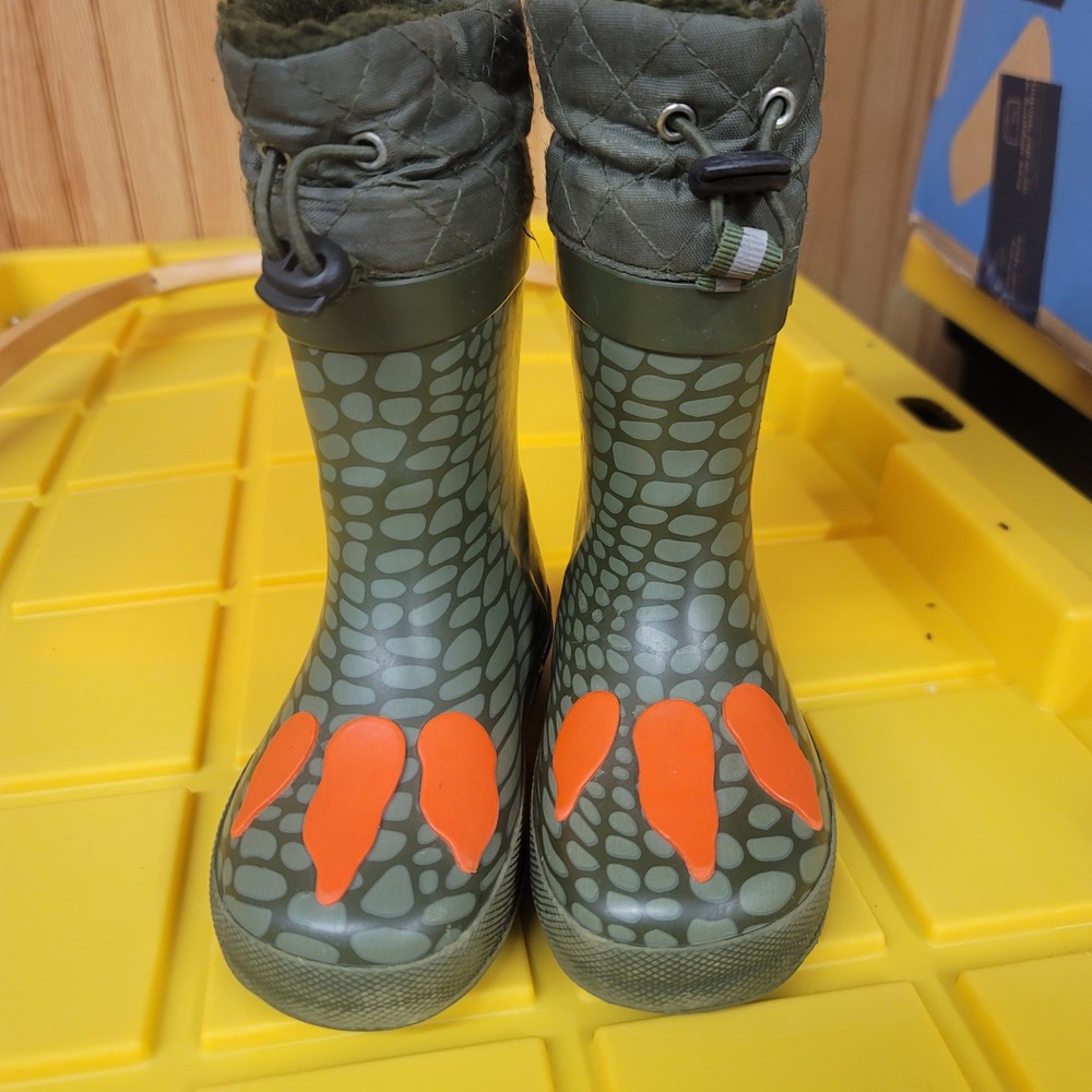 London Fog Kids Green Dinosaur Rain Boots Orange Spikes Size 7 Toddler